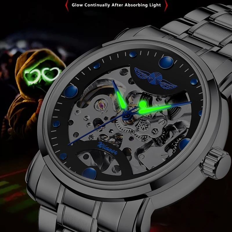 Лидирующий бренд WINNER синие стрелки из нержавеющей стали Скелет открытая работа