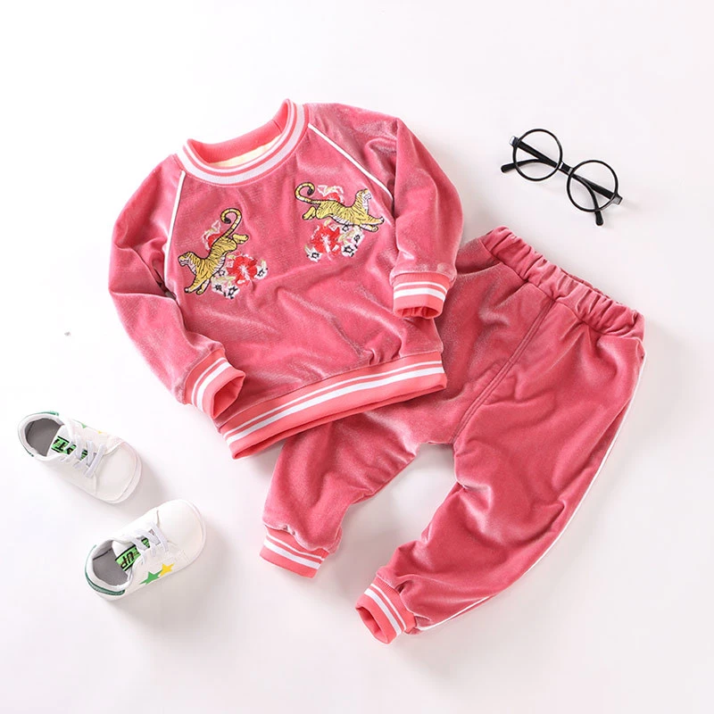 2Pcs autumn Spring Girls boys Gold Velvet Warm Clothes Set Baby Kids Cute Sweater Suit Children Clothing Coat + Pant | Детская одежда и