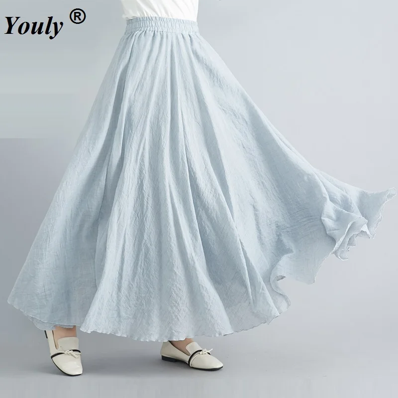 

2021 Women Casual Loose Long Skirts Linen Cotton Long Skirts Elastic Waist Pleated Maxi Skirts Beach Boho Vintage Summer Skirts