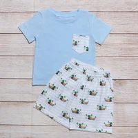 summer clothes blue short sleeve top and blue pinstripe shorts wild duck print pattern boys clothes