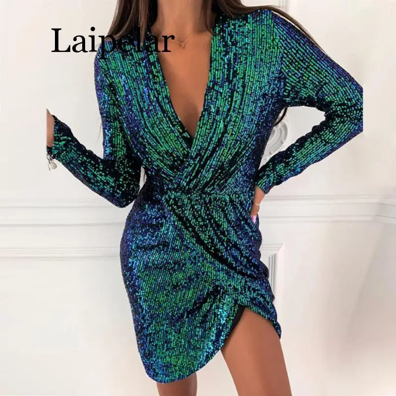 

Платье-мини с блестками, с разрезом, с V-образным вырезом, зимнее