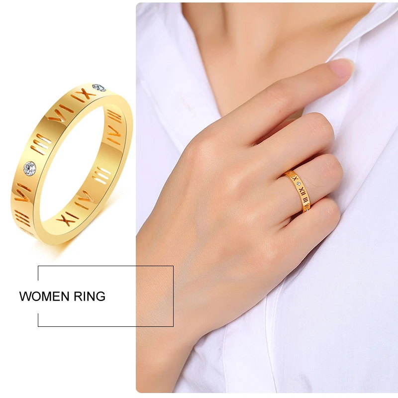 

Stainless Steel Roman Numerals Ring For Women Gold And Silver Color Cubic Zirconia Rings Engagemet Jewelry