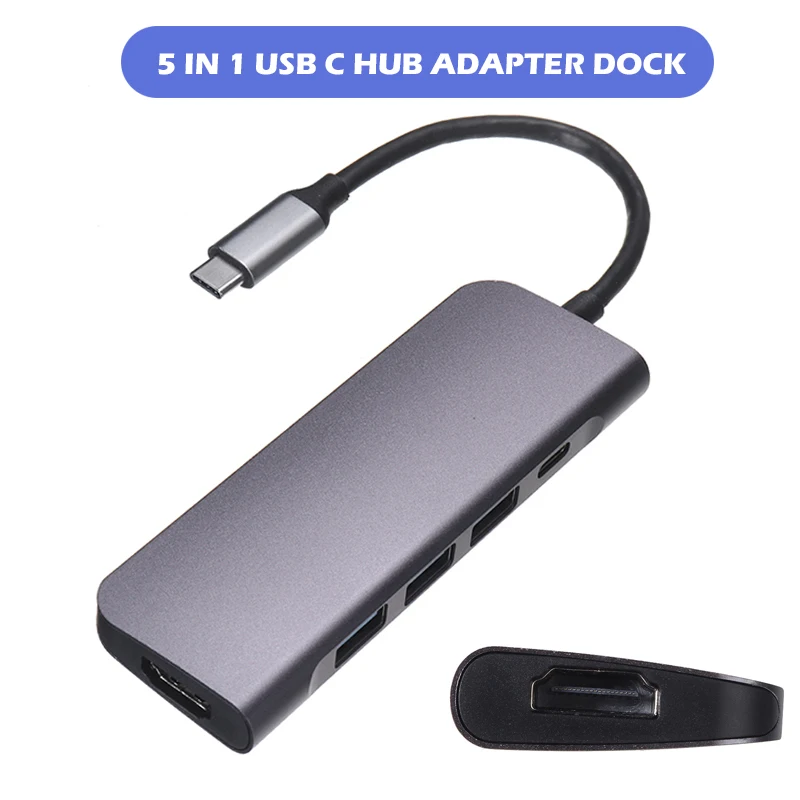 

Durable Aluminum Alloy Type-C Hub Adapter Dock Portable 5-in-1 USB 3.0 HDMI-compatible Adapters Docking Station