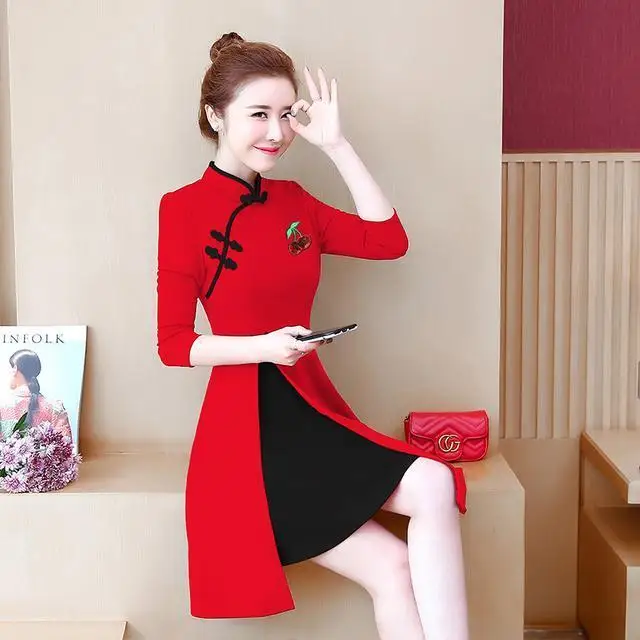

Improved Cheongsam Dress 2021 Spring New Large Women's Dress Fat Medium Length Slim Foreign Style Red Skirt Fashion Factory Hot