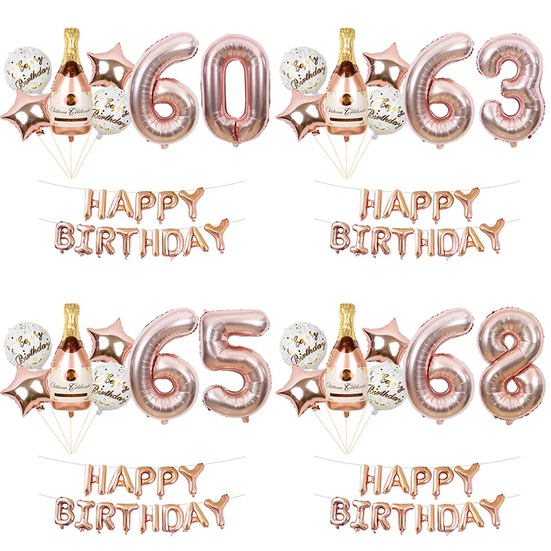 20pcs Rose Gold 60 61 62 63 64 65 66 67 68 69 Years Birthday Balloons Banner Girl Champagne Bottle Balls Party Decorations