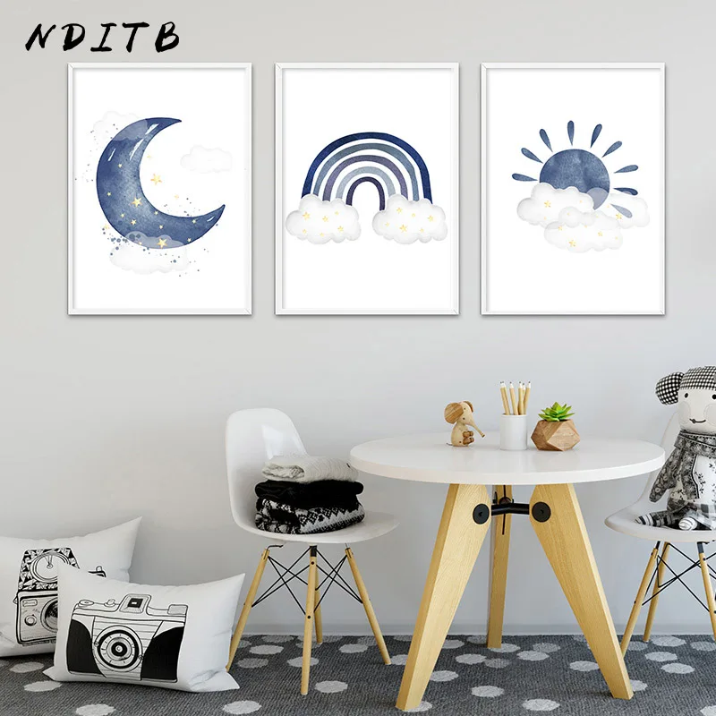 Детская комната синий холст Художественная печать Радуга солнце рисунок с Луной