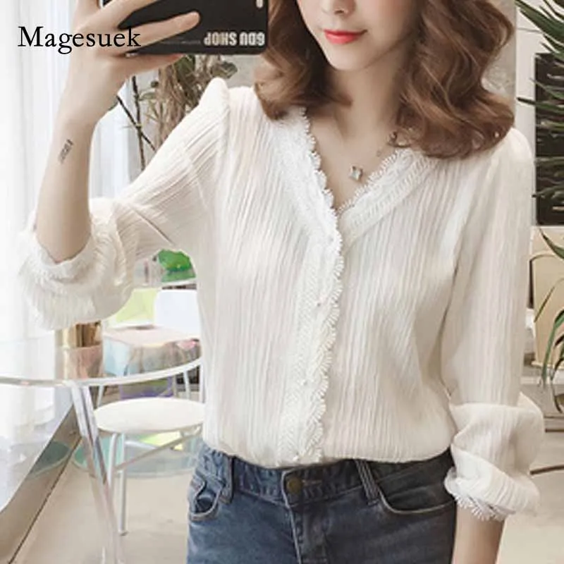 

2020 Autumn V-Neck Long Puff Sleeve Solid Women's Blouse Striped Lace Tops Cardigan Plus Size White Yellow Shirt Blusas 11087