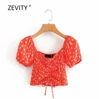 new women sweet floral print pleated short smock blouse female v neck puff sleeve casual slim shirts chic drawstring tops ls6874