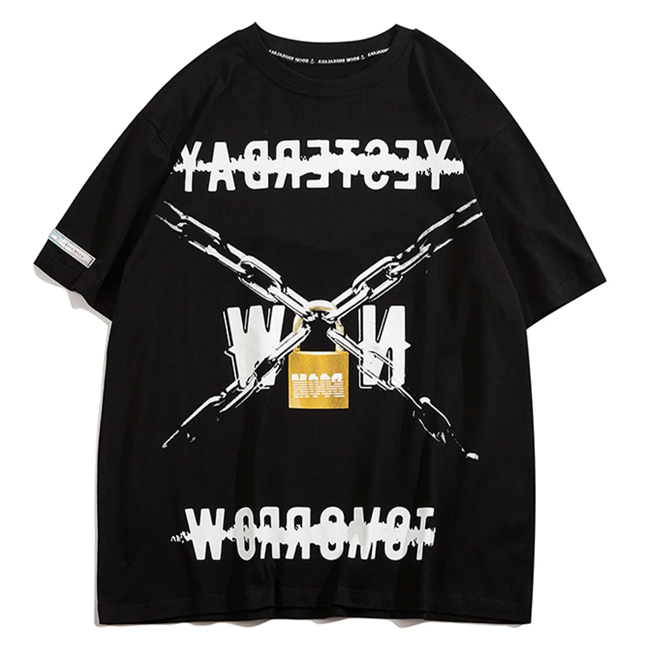 

Hip Hop Men Summer Streetwear T Lock Chain Letter Print Tshirt Harajuku Cotton Casual Short Sleeve Shirt Black