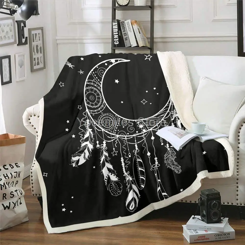 

Castle Fairy Stars Moon Sherpa Throw Blanket Dreamcatcher Throw Blankets for Couch, Sofa Bed Living Room Black Feather Flannel