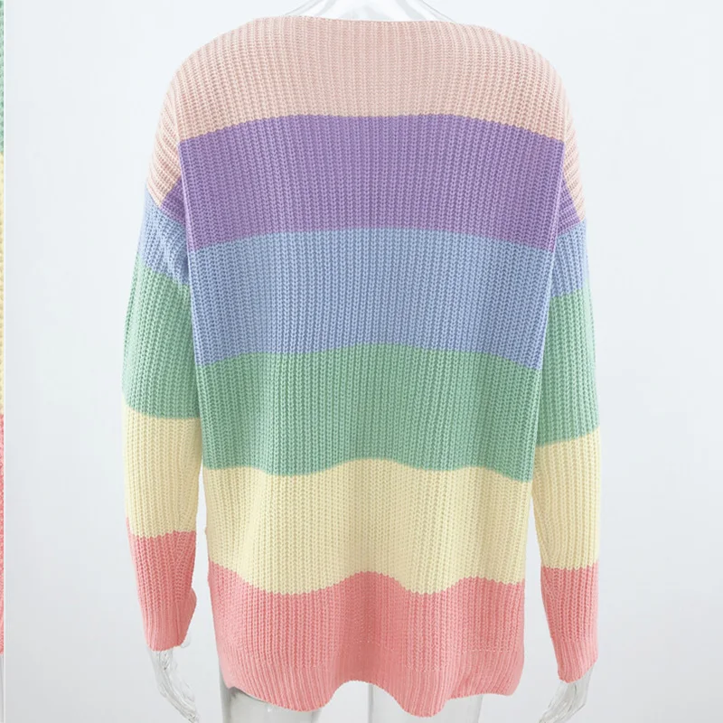 

QUEVOON Rainbow Sweater for Women Hollow out V-Neck Long Sleeve Slit Hem Oversized Sweater Autumn Winter Knitted Pullover Femme