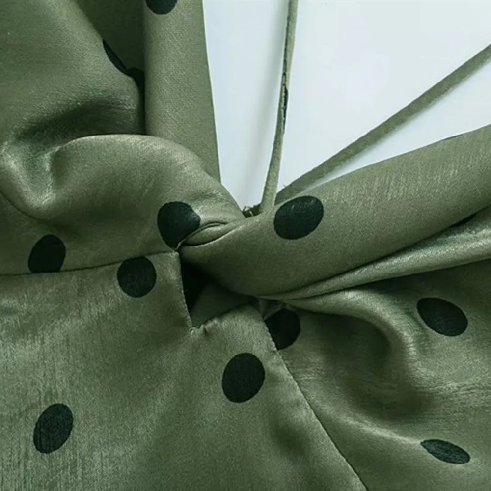 

Green color vintage design polka dot print spaghetti strap women summer casual holiday dress