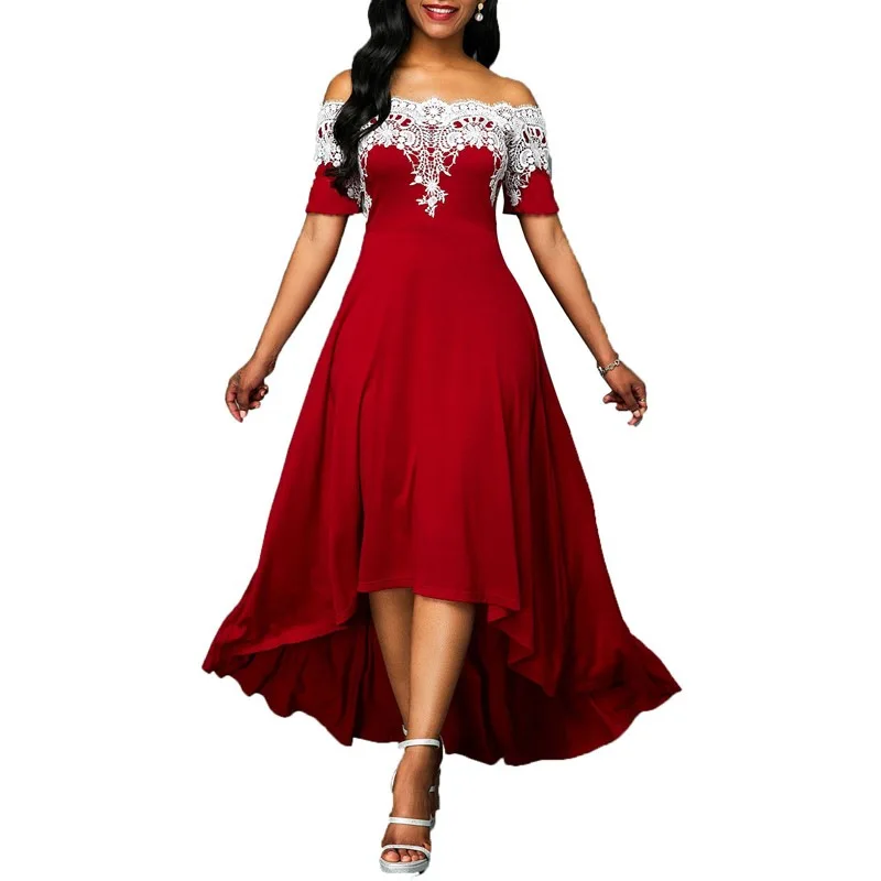 

Women's large one shoulder lace stitching irregular swing dress