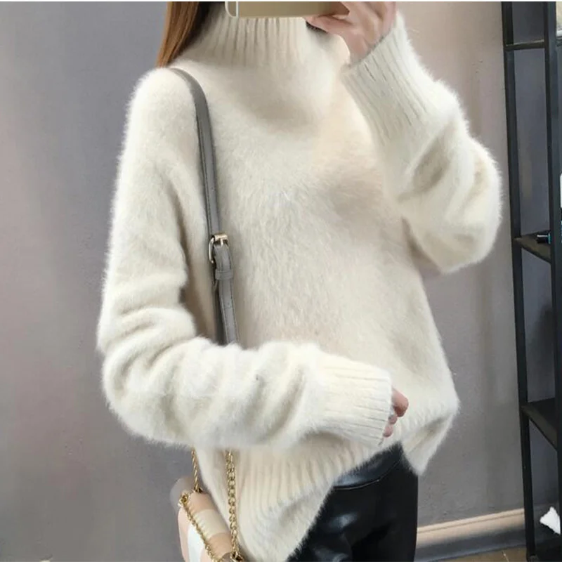 

Women's mink sweater autumn winter 2021 new Korean version loose outer wear Mori Department semi high collar bottomed sweater