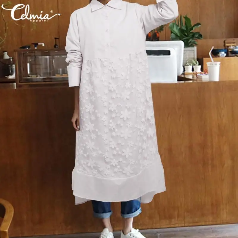 

Celmia Fashion Dress Women Lapel Neck Long Sleeve Vintage Midi Vestidos 2021 Autumn Lace Stitching Asymmetrical Party Vestidos