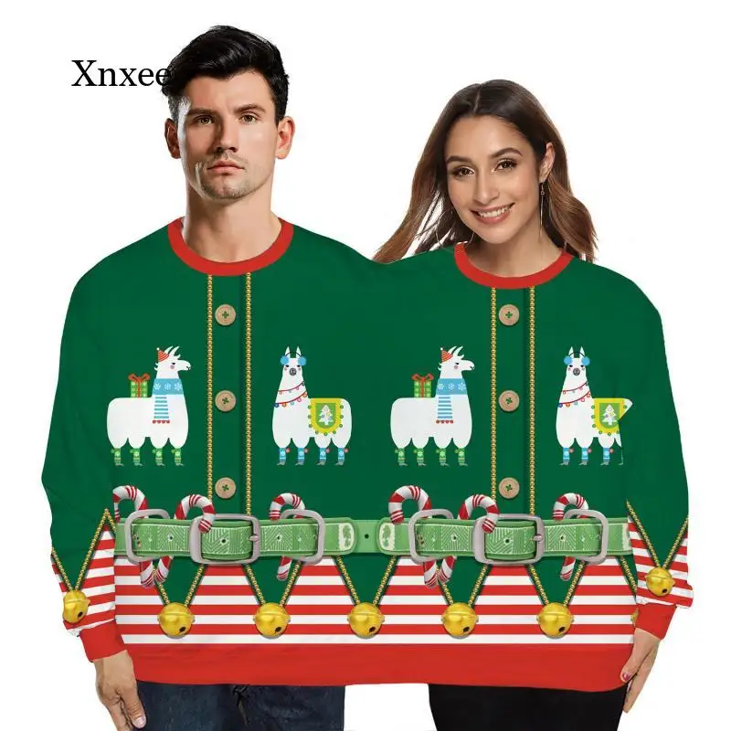 

Рождественский двойной свитер, праздничный паровой 3D цифровой печати, уродливый теплый свитер для пар, 2 предмета, сиамские круглые осенне-з...