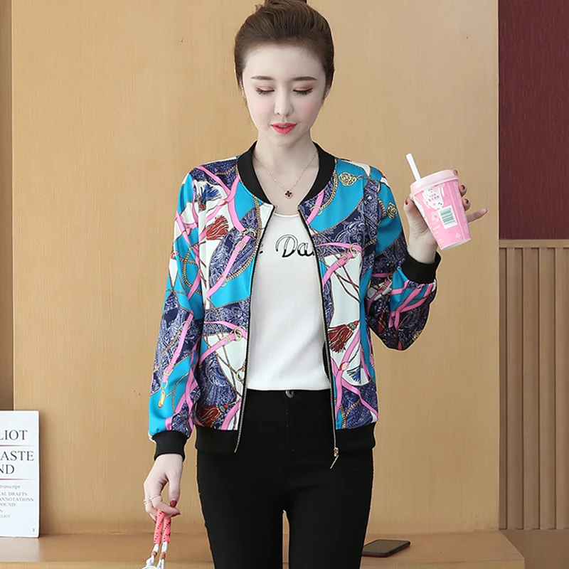 

2021 New Fashion Women Spring Jacket Long Sleeve Women Basic Bomber Jacket Thin Flower Coats Female Jacket Feminine Blue Coat