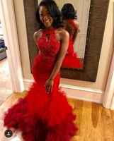 red mermaid prom dresses 2020 new formal evening dresses lace applique beaded sleeveless sexy back sweep train party gowns