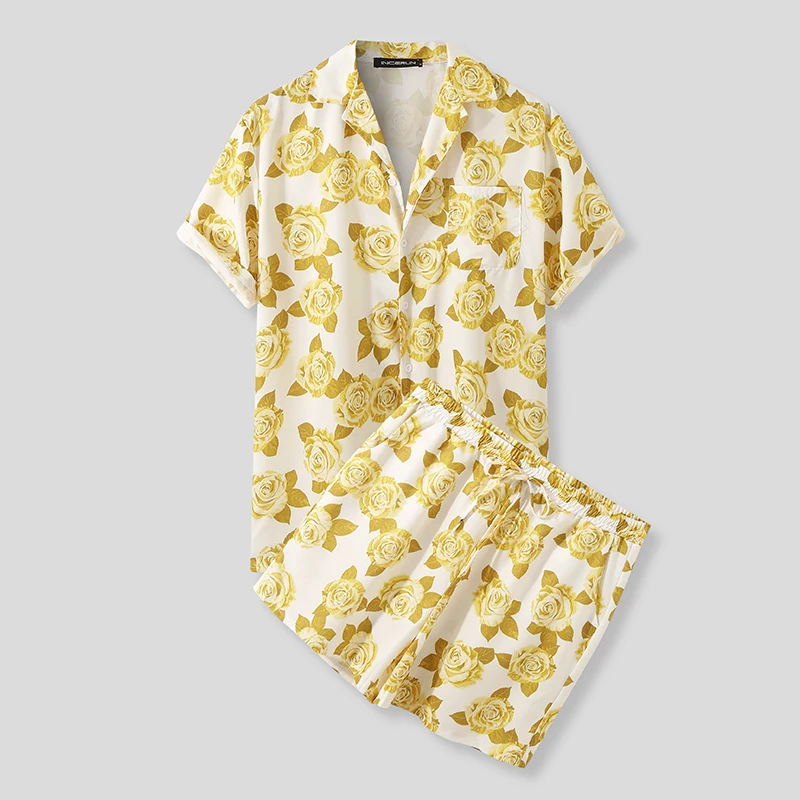 

Men Hawaiian Sets Printing 2021 Summer Short Sleeve Button Shirt Beach Shorts Streetwear Casual Mens Suit 2 Pieces S-5XL INCERUN