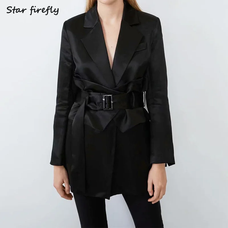 Star firefly solid color one buckle belt satin suit female silk satin texture casual suit elegant office business women