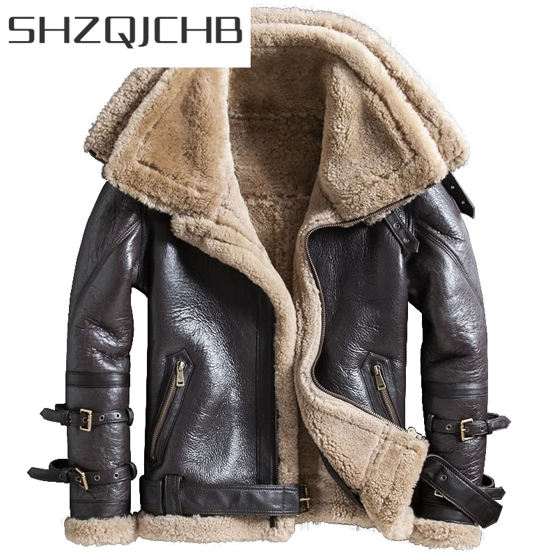 

JCHB 2021 Eco Sheep Wool Fur Coat Men Short Double-Layer Lapel Genuine Leather Motorcycle Jacket Winter High Quality Fashion Out