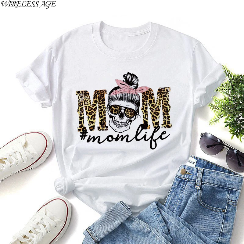 

WIRELESS AGE T Shirt Women Short Sleeve Cotton Round Neck MOM Skulls Printed Loose Casual Women's Tops New Summer Fashion Wild