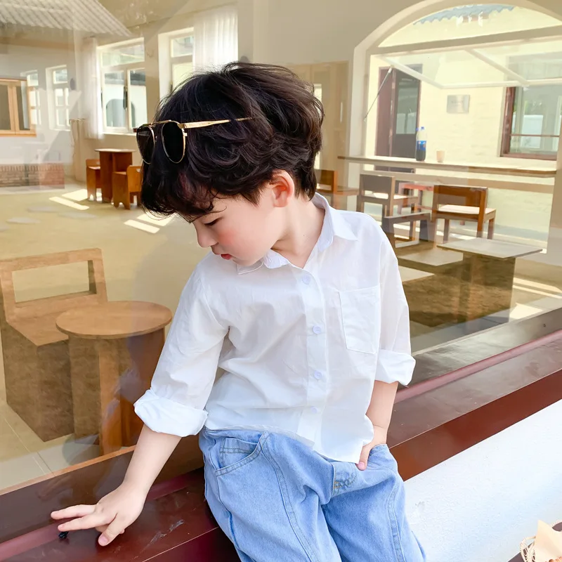 Весенние однотонные универсальные блузки для маленьких мальчиков детская