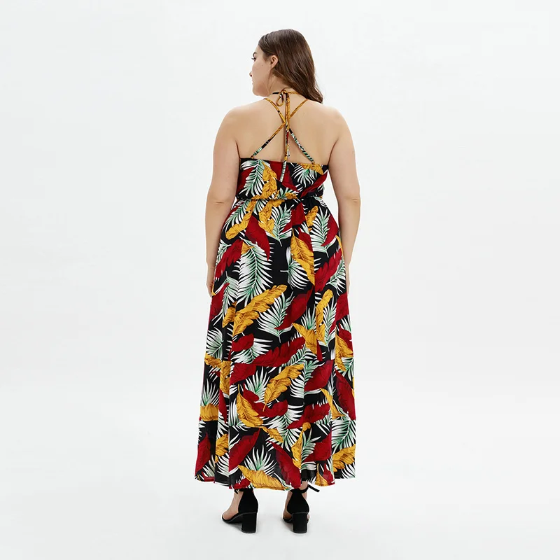 Vestido de verano de talla grande con tirantes, cuello en V, estampado de moda, bohemio, 2021