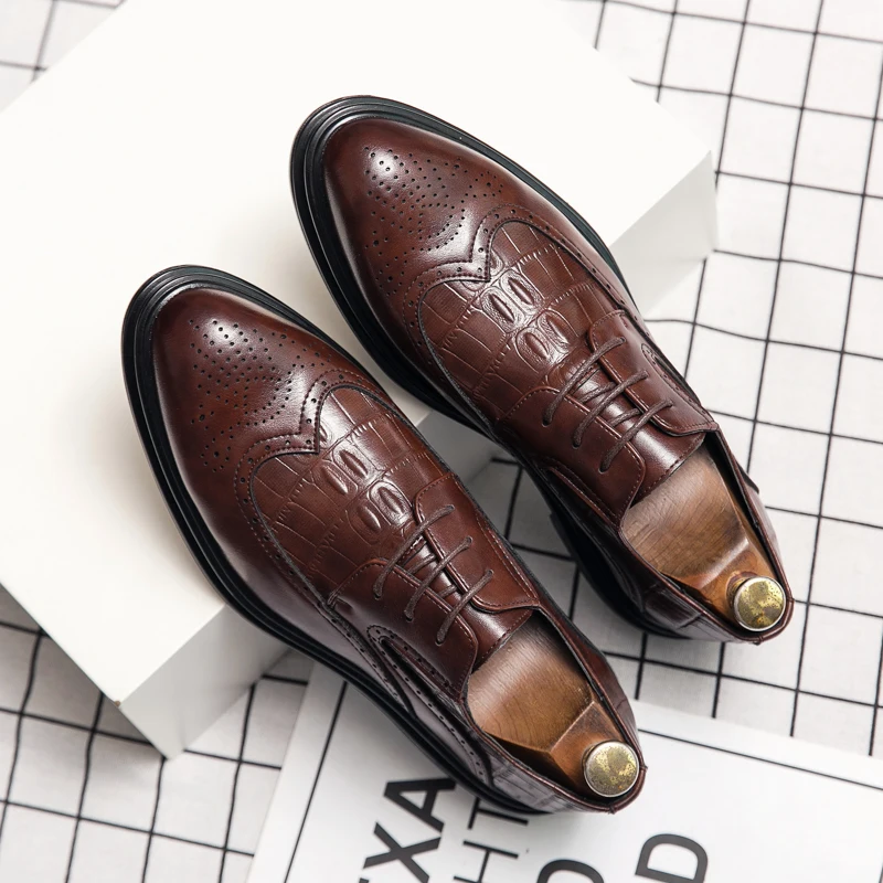 

Brogue Man Business Crocodile Pattern Leather Shoes Non-slip Outsole Fashion Wedding Dress Formal Lace-Up Casual Leather Shoes