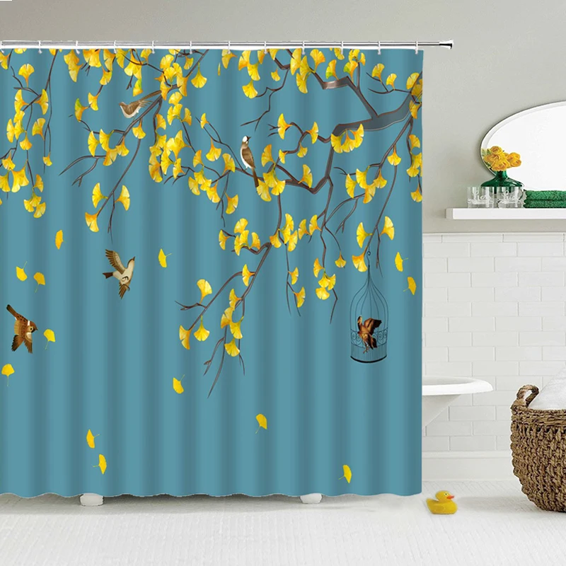 

Chinese Flower Bird Shower Curtains Set Printing Waterproof Polyester Leaves Shower Curtains Bathroom Home Decor Mat 180x200CM