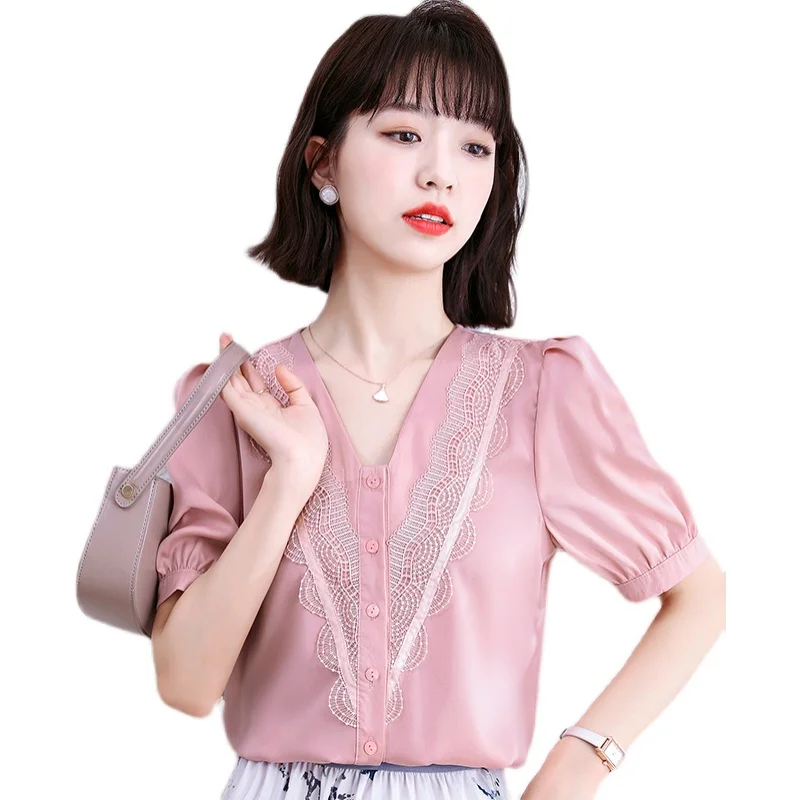 

Summer Korean Fashion Chiffon Women Blouses Office Lady Shirt Lace Short Sleeve Womens Tops Loose Blusa Feminina