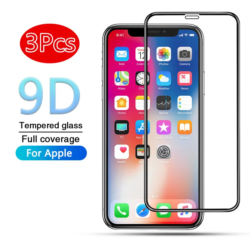 Защитное стекло закаленное 9D для iPhone 11 Pro XS Max XR 6 7 8 Plus X SE 2020 12 mini 3 шт./лот|Защитные