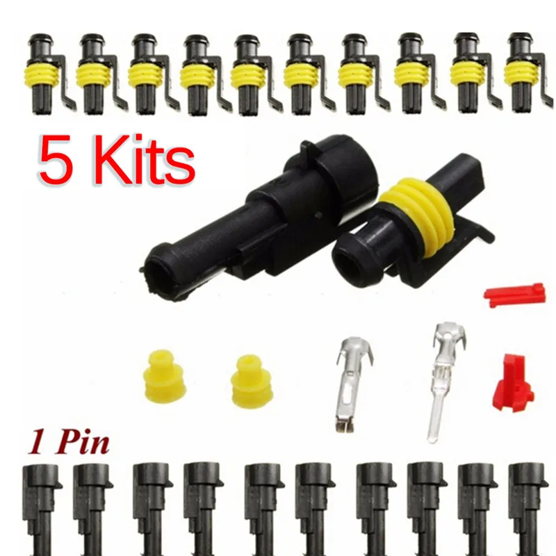 

5set Car Motorcycle 1 Pin Way Sealed Waterproof Electrical Wire Auto Connector Plug Set for HID LED Light fog lamp