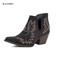 new western cowgirl boots fashion retro cowboy ankle boots for women autumn winter pointed wedge high heel boots print size34 43