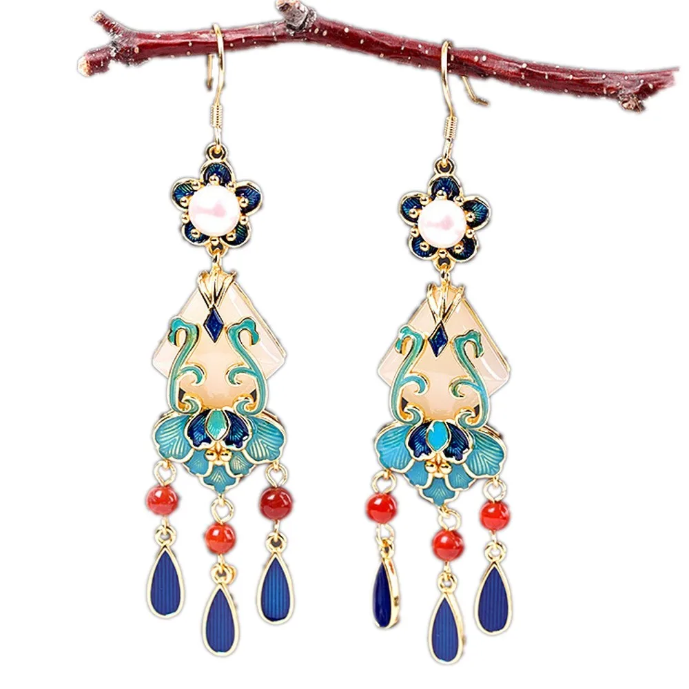 

New Chinese ethnic style earrings S925 pure silver female earrings burnt blue palace fan women's jade earrings