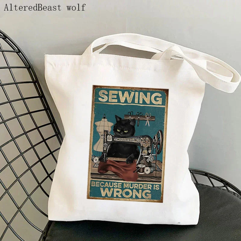 

Women Shopper bag Cat sewing because murder is wrong Bag Harajuku Shopping Canvas Shopper girl handbag Tote Shoulder Lady Bag