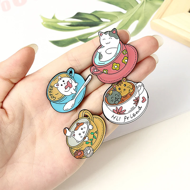

Cartoon Coffee Cat Pins Brooch Cute Cat Enamel Pins Brooches Bag Lapel Pin Cartoon Animal Badge Jewelry Gift for Kids Friends