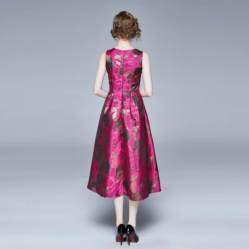 

8085 New High Waist Big Swing Socialite Elegant Jacquard round Neck Sleeveless Dress