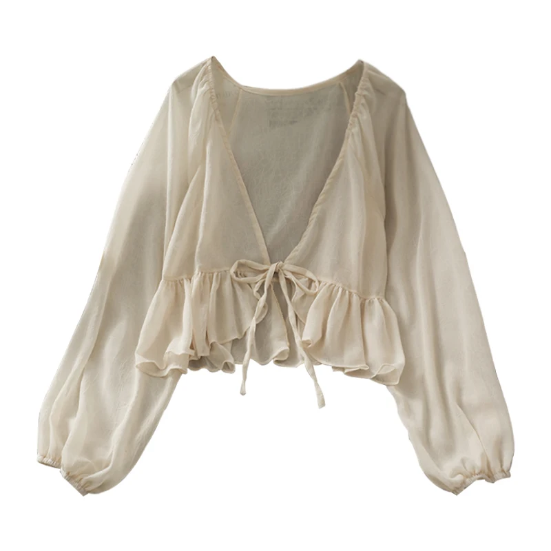 

2021 summer lightweight bow tie Lace Ruffle short shawl women's new bubble long sleeve sunscreen shirt