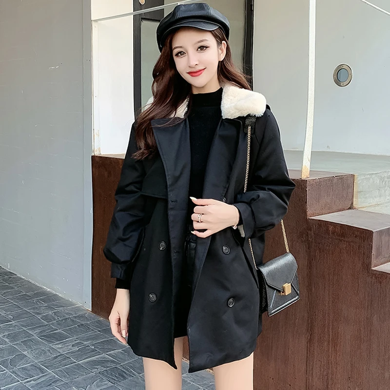 

FTLZZ New Thick Medium Long Trench Coat Women Double Breasted Casual Slim Belt Aritificial Fur Vintage Windbreaker Outwear