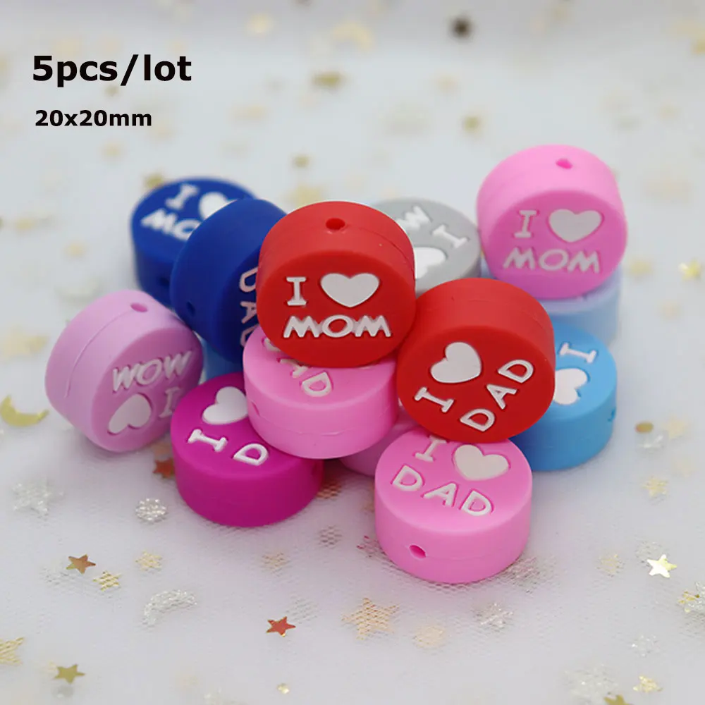 

5Pcs Round Perle Silicone Beads 20mm Mom Dad Silicone Teether Bead Food Grade Baby Products DIY Silicone Kralen Mordedor Beads