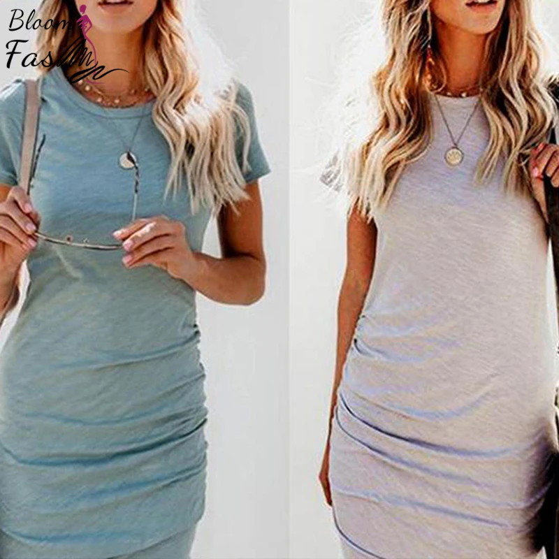 

Short Sleeve Women Casual Dress Cotton Summer O-neck Sexy Female Pencil Dresses Bodycon Ladies Solid Color Basic Slim Clubwear