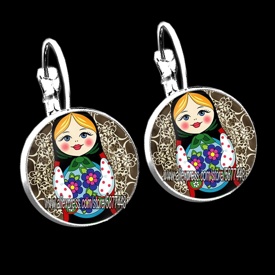 

Cute Matryoshka Women Stud Earring Lovely Russian Doll 15mm Glass Cabochon Girl Earrings Gift for New Year and Christmas