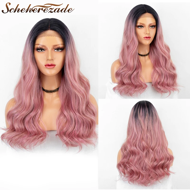 

Scheherezade Ombre Pink Lace Front Wig Long Wavy Wig For Black Women Synthetic Lace Front Wigs Heat Resistant Party Cosplay Wigs