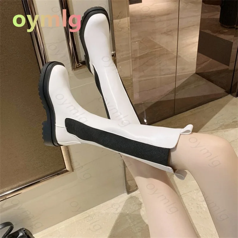 

Fashion Pu Leather Platform Knee High Boots Women Black Chunky Long Chelsea Boots Woman Slip On Autumn Bota Feminina 2021
