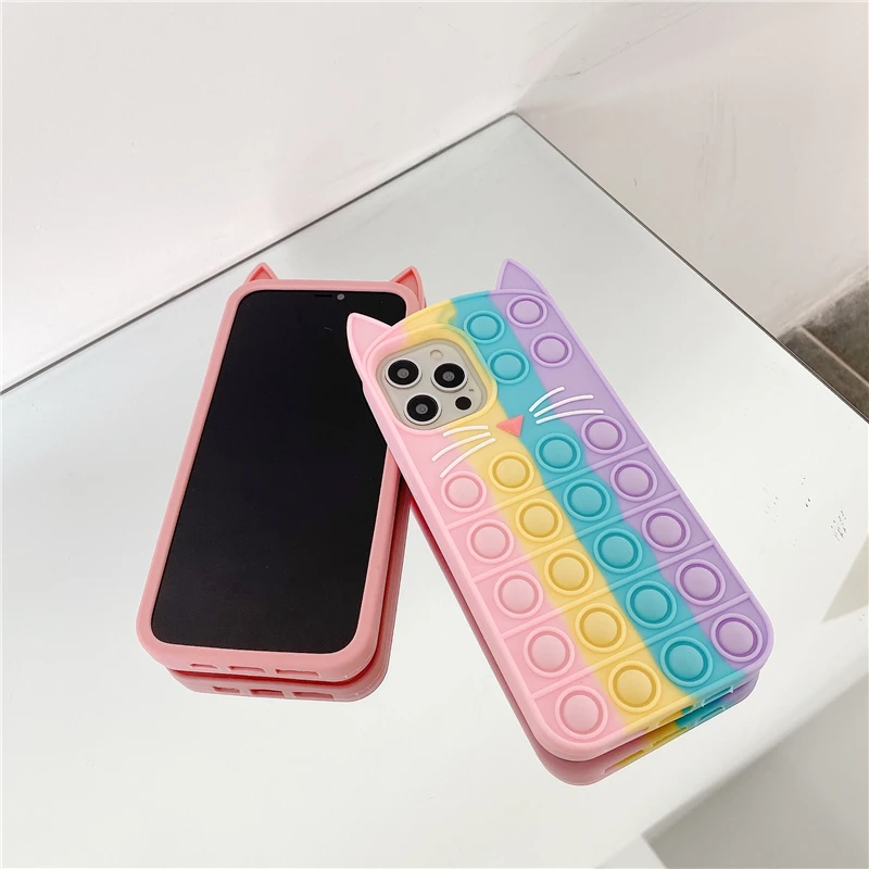 Pop Bubble Fidget Toys Case For iPhone 11 3D Cartoon Cat Soft Silicone Cover for 12 Pro X Xs Max XR 6 6s 7 8 Plus SE 2020 | Мобильные