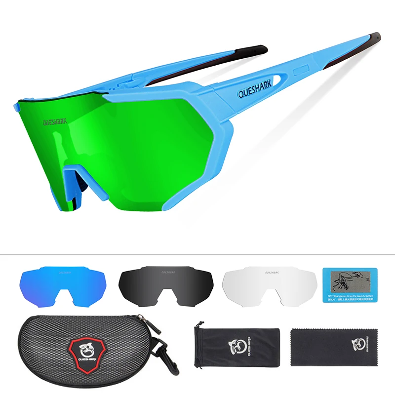 4 Lens Blue Green QUESHARK, дизайн, очки для велоспорта для мужчин и женщин,, полностью покрытые линзы, UV400, поляризационные, 3 или 4 линзы, всего - Цвет: 4 Lens Blue Green
