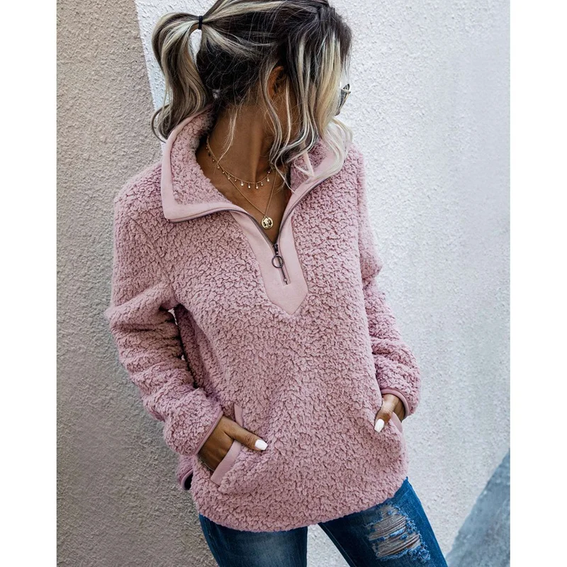 2 Pcs Teddy Fleece Pullover Half Zipper Sherpa Tops Female Warm Coat Sweaters L Size Pink &amp M Camel | Женская одежда