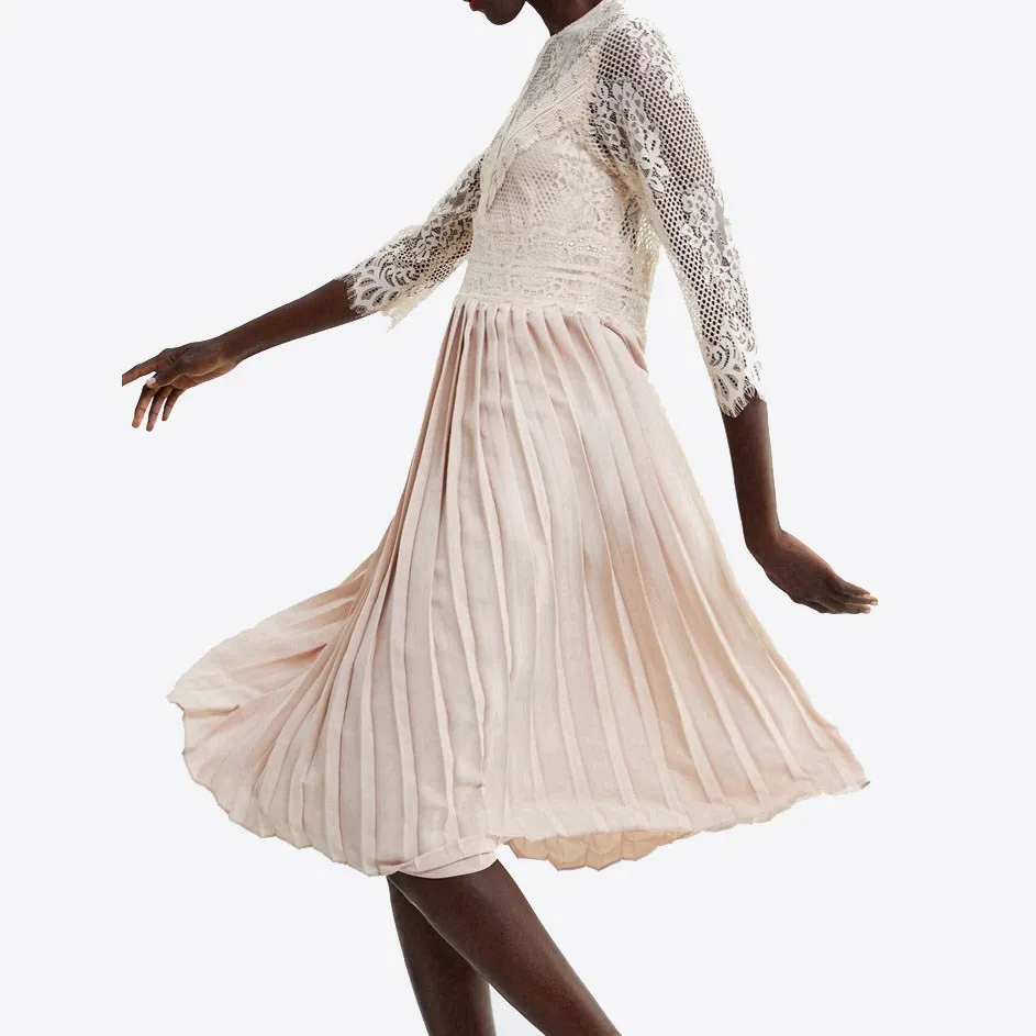 Женское плиссированное платье феи с круглым вырезом и кружевом в стиле пэчворк