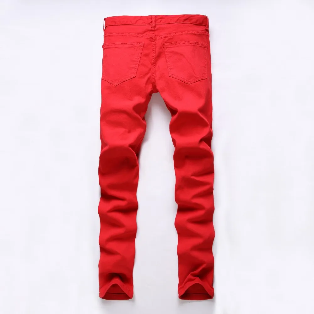 New Fashion Mens Ripped Biker Jeans 100% Cotton Red Black White Slim Fit Motorcycle Jeans Men's Skinny Hole Denim Joggers Pants